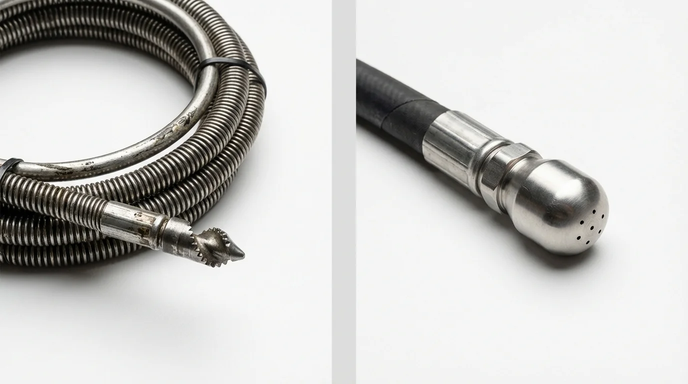 Drain snake cable and hydro jetting nozzle used for drain cleaning in George West, TX