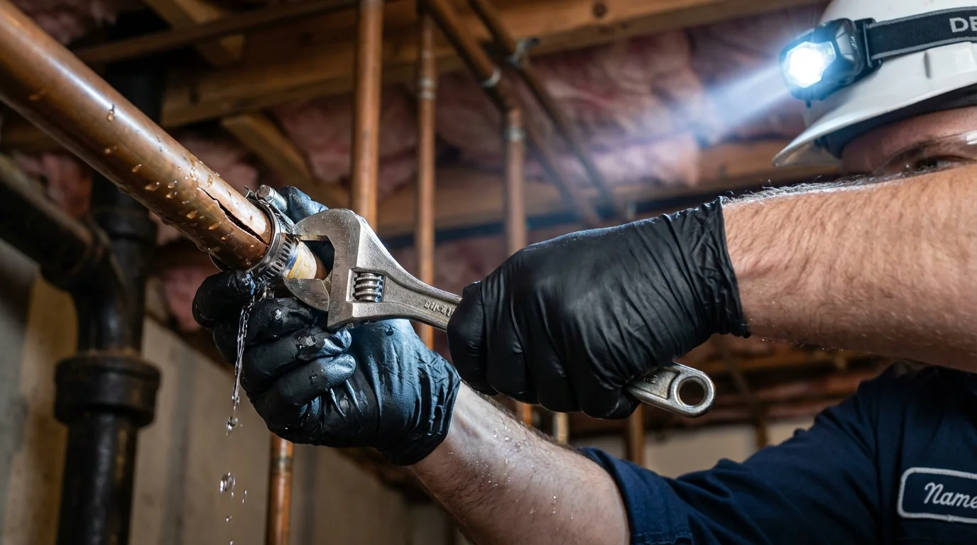 Emergency pipe clamp repair being performed by a Johns Plumbing LLC plumber in George West