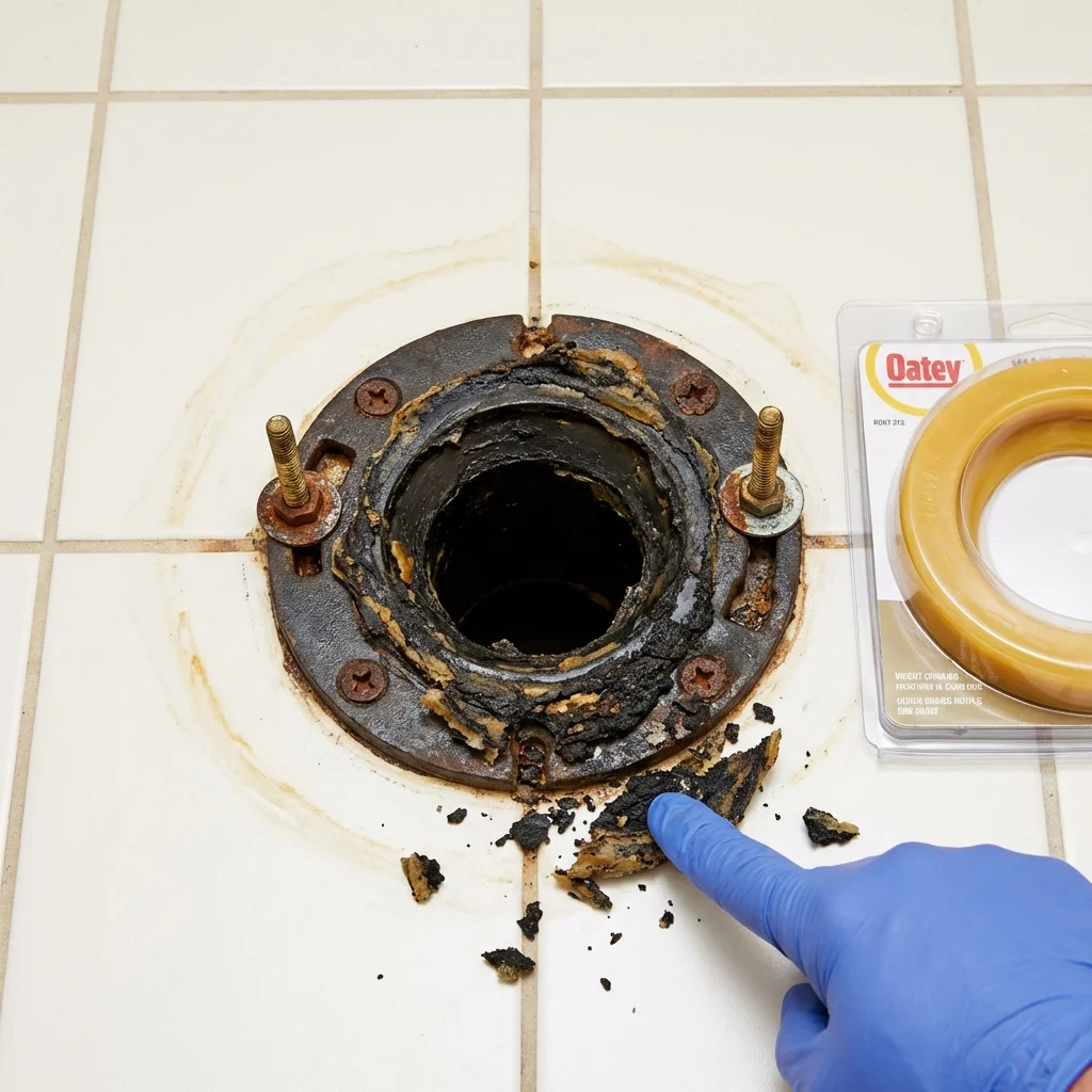 Failed wax ring showing water seepage at the base of a toilet in a George West, TX home