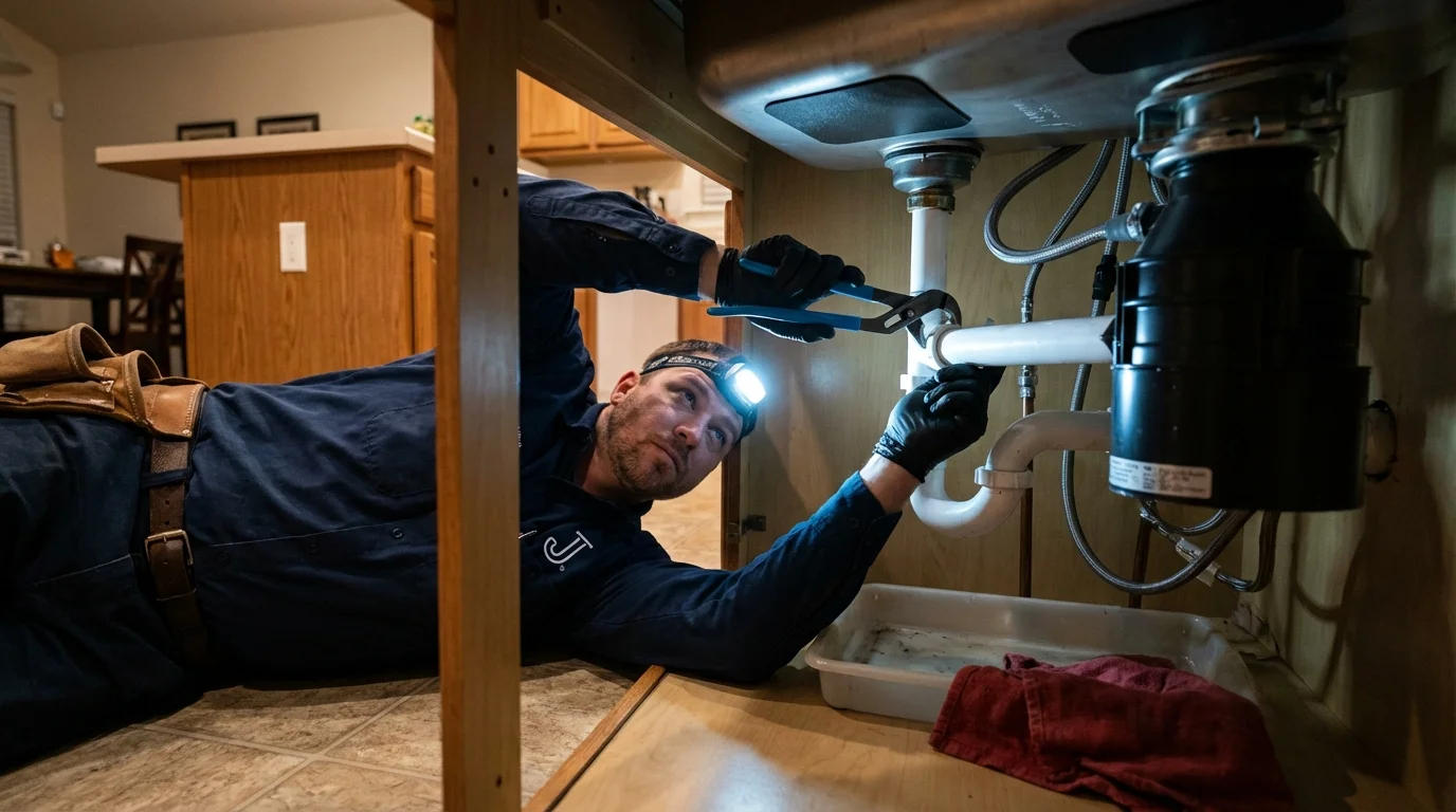 P-trap and supply line connections under a kitchen sink showing a common leak point in George West, TX